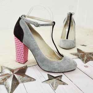 Shoes of Prey retro t-strap pumps pink polka dots gray suede metallic silver 38